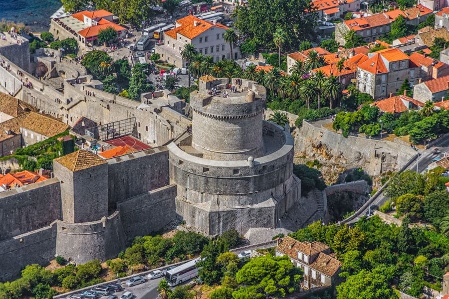 Aerial helicopter shoot of Dubrovnik old town – fortress Minceta detail.