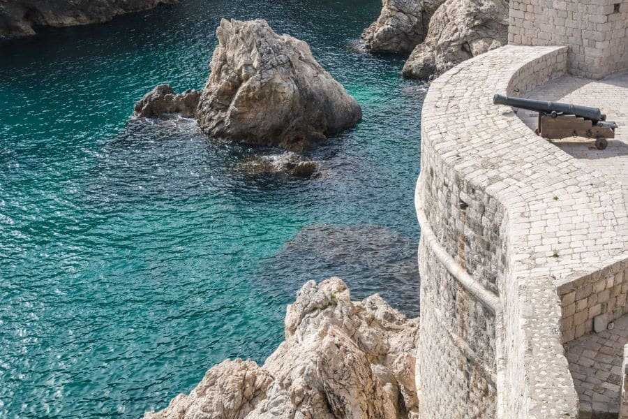 Historic cannon on Dubrovnik Old Town massive defence walls of fortress Bokar, Croatia