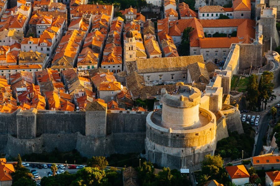 View from the top of the mountain of Srdj to Minceta Tower in the old part of the city in Dubrovnik, Croatia.