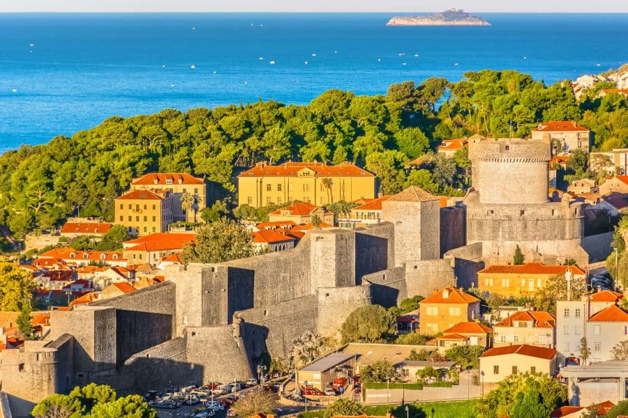 Aerial view at City Walls in famous tourist resort Dubrovnik, Croatia.